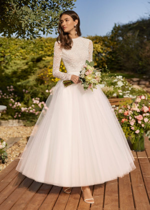 Beaded Ivory Lace Tulle Ankle Length Keyhole Back Wedding Dress Beaded Ivory Lace Tulle Ankle Length Keyhole Back Wedding Dress